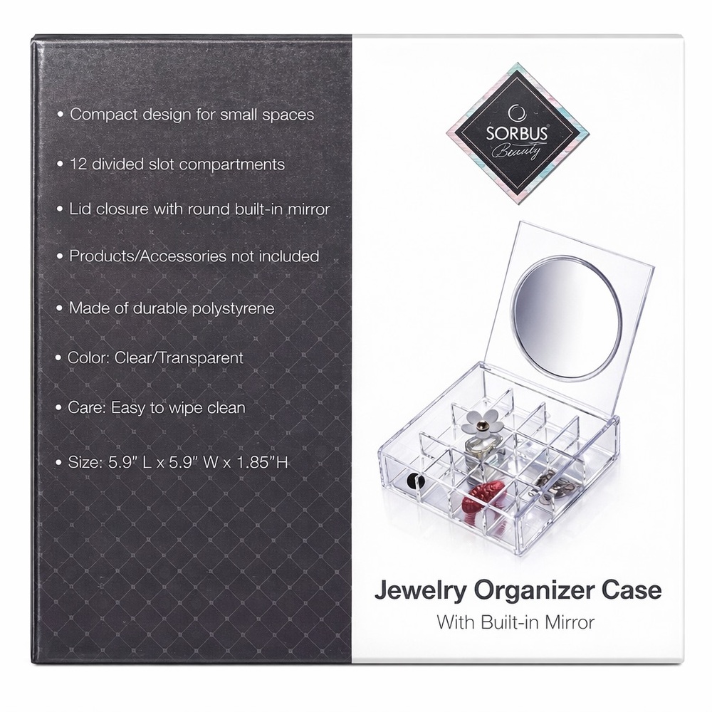 Sorbus Beauty Clear Jewelry Organizer Case with Mirror 12 Compartments